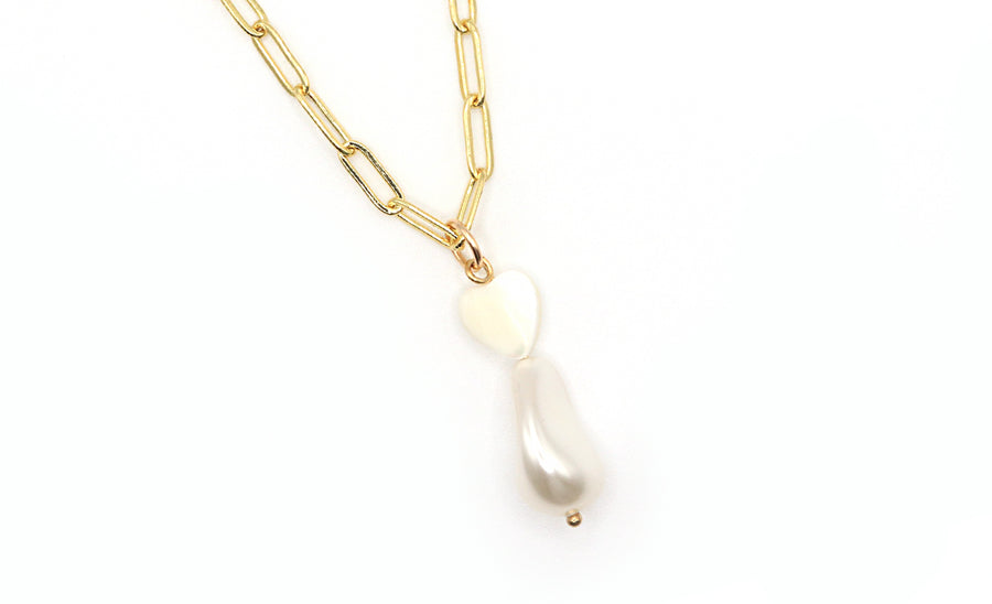 heart pearl pendant and paperclip necklace