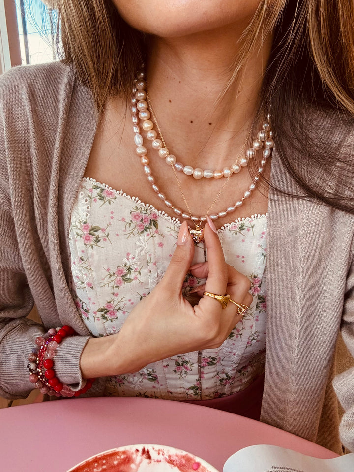 Puffy pink and red heart pendant necklace in gold filled