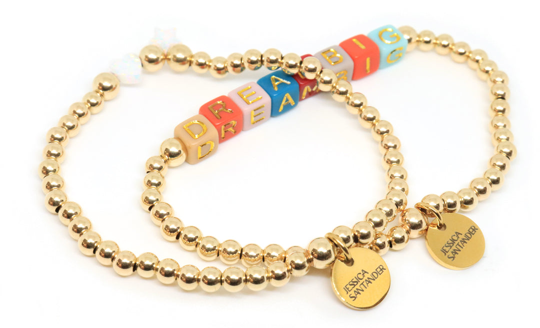 gold fileld beaded bracelet stack with white opal star and heart