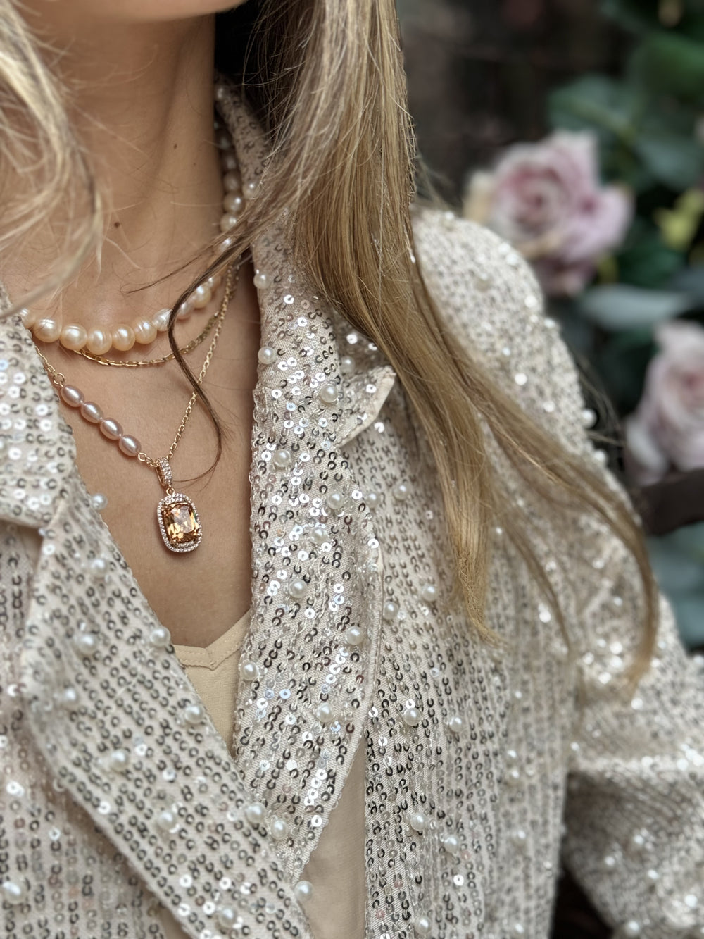 Peach diamond pendant necklace gold filled