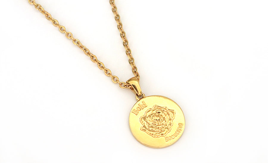 bold beautiful rose coin necklace
