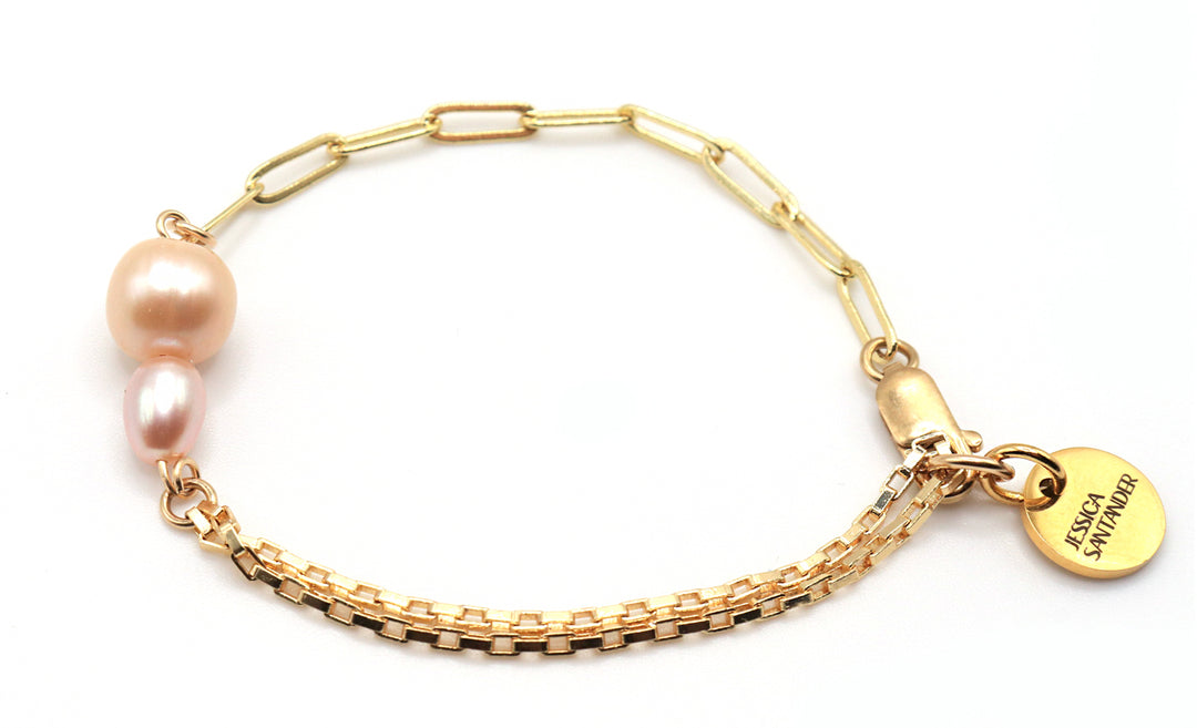 peach pearl gold paperclip chain bracelet