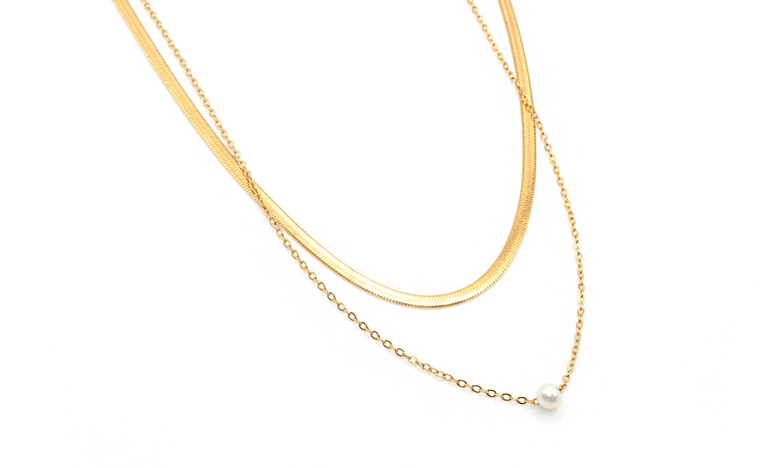 Dainty double layer necklace with small pearl waterproof 