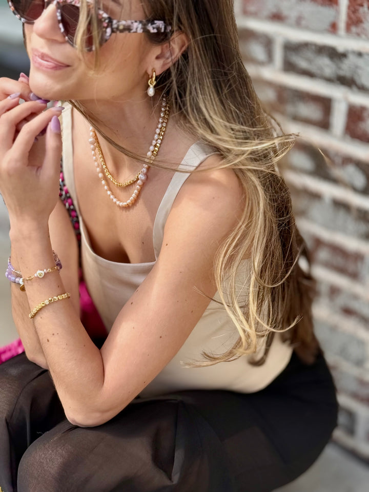 Mini gold hoops with dainty pearls Jessica Santander earrings 