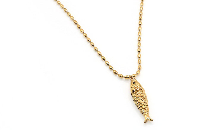 Gold fish necklace on gold water resistant beaded chain 