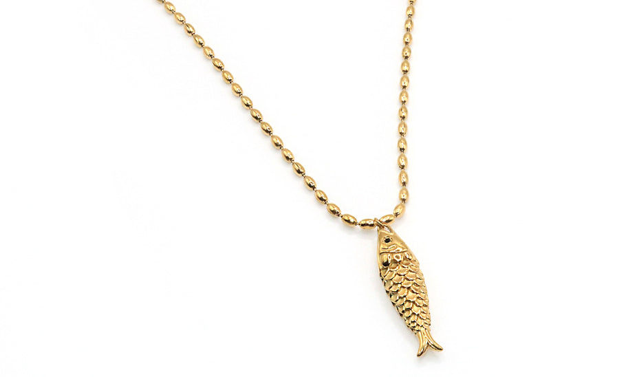 Gold fish necklace on gold water resistant beaded chain 