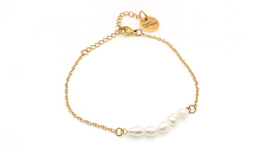 Dainty white pearl and gold chain bracelet water resistant 