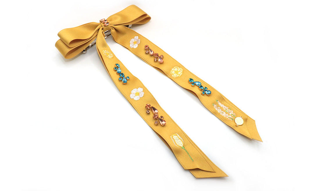 Golden Floral Embroidered Bow Barrette