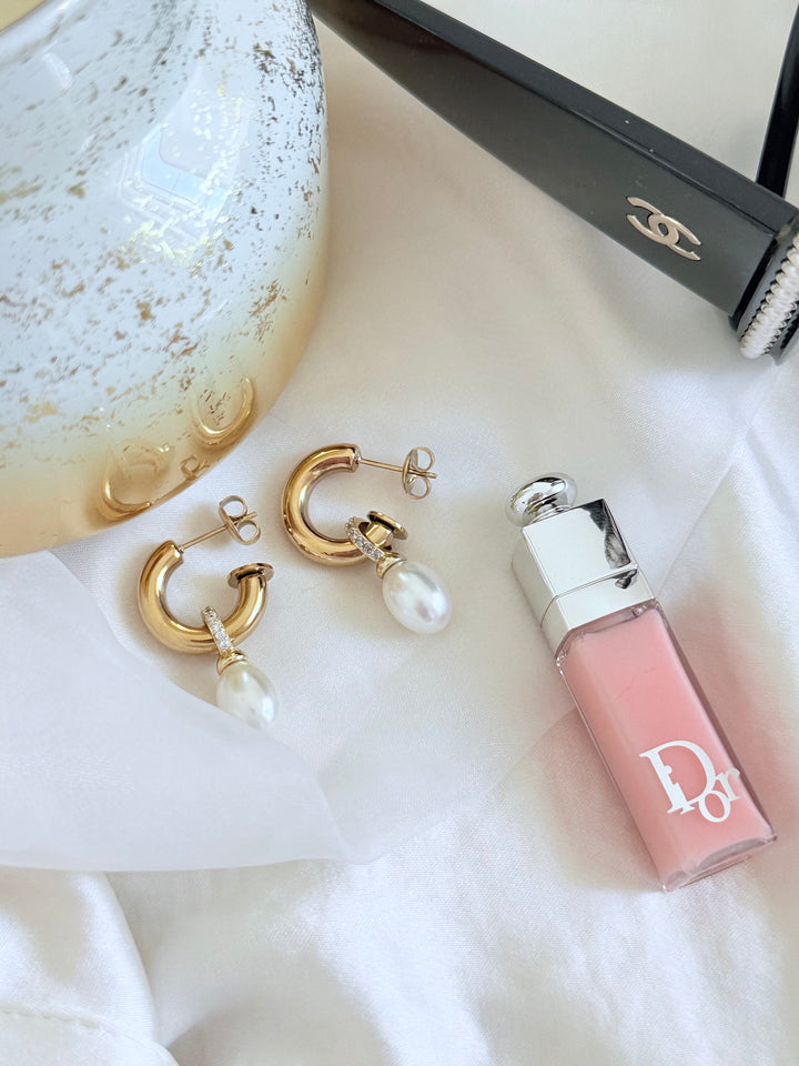 Classy gold small hoops with pearl earrings 