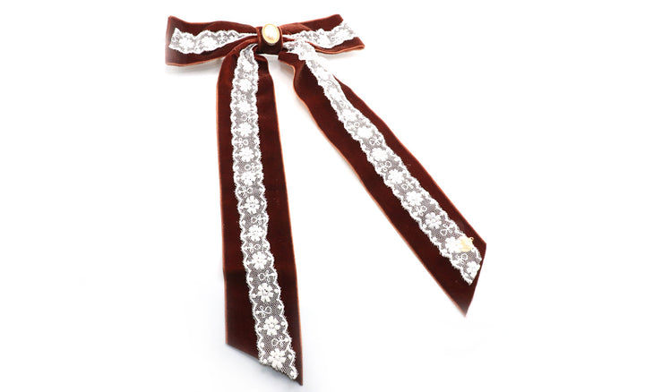 Chocolate Brown Pearl with Lace Hair Bow Barrette