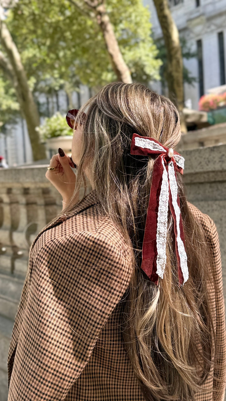 Chocolate Brown Pearl with Lace Hair Bow Barrette