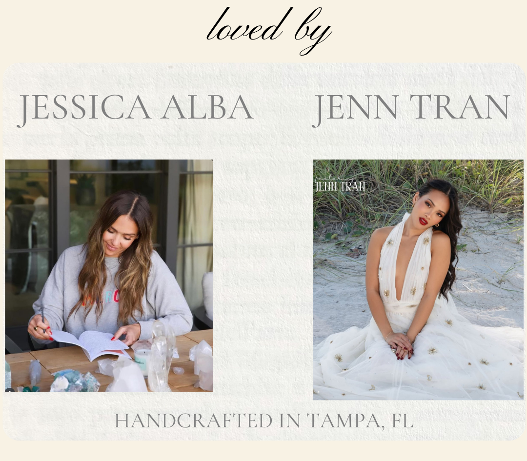 A promotional graphic with the text 'loved by JESSICA ALBA' and 'JENN TRAN' above two photos. The left photo shows a woman writing at a table, and the right photo shows a woman seated on a beach in a white sleeveless dress.