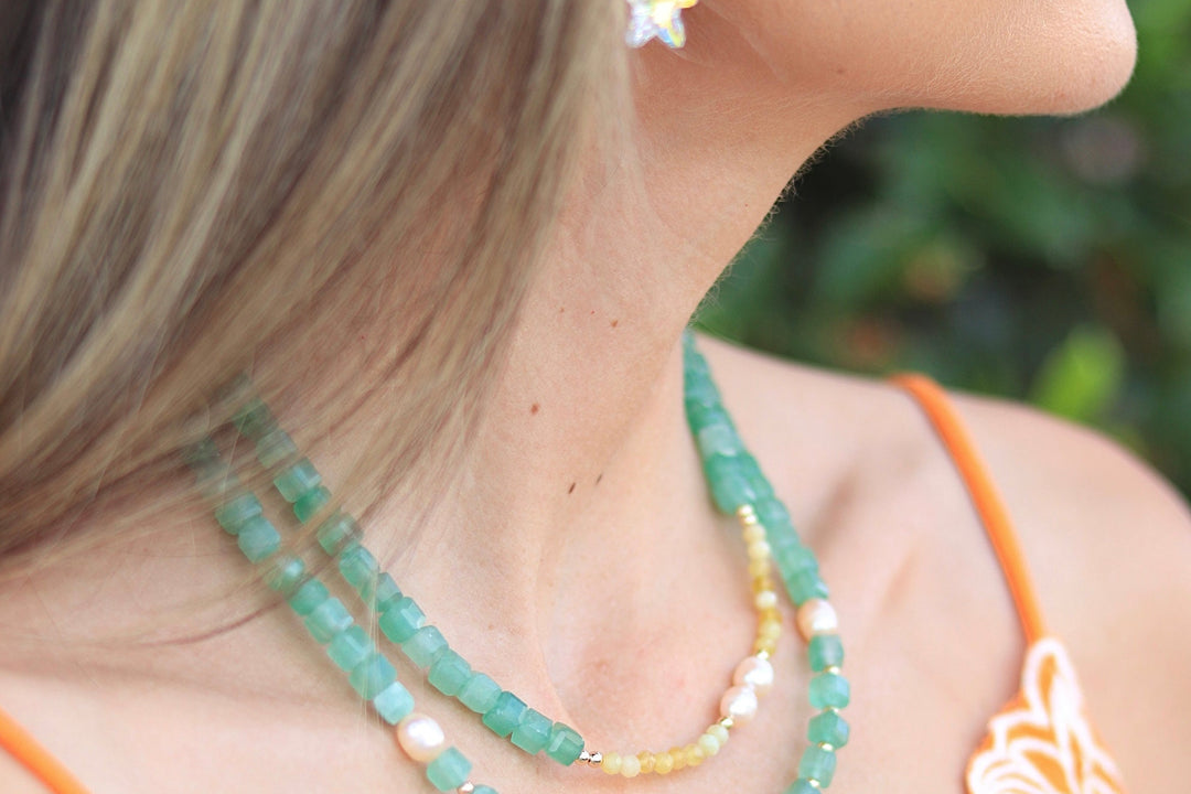 green and yellow gemstone pearl choker