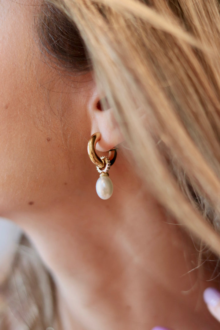 classy white pearl on gold hoop earrings
