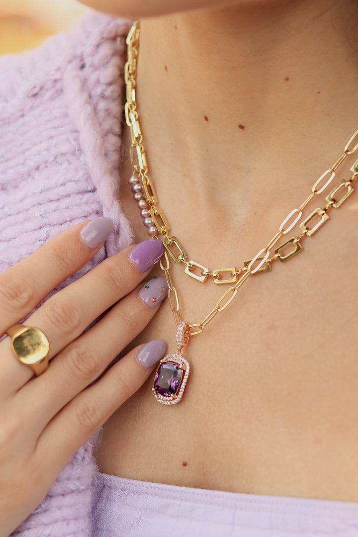 Purple rhinestone pendant with lavender pearls gold dainty necklace by Jessica Santander 