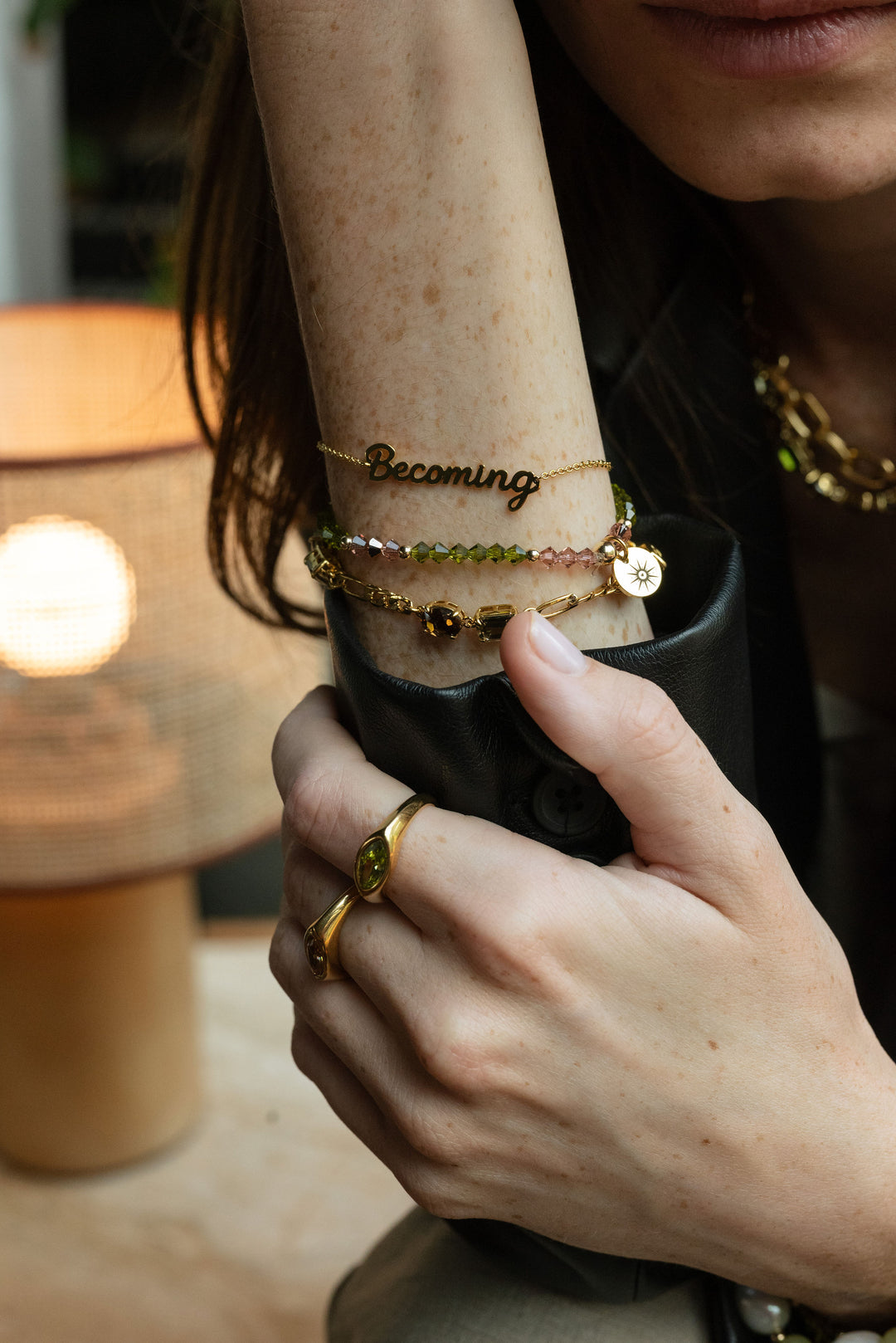 green olivine and topaz chain dainty gold bracelet