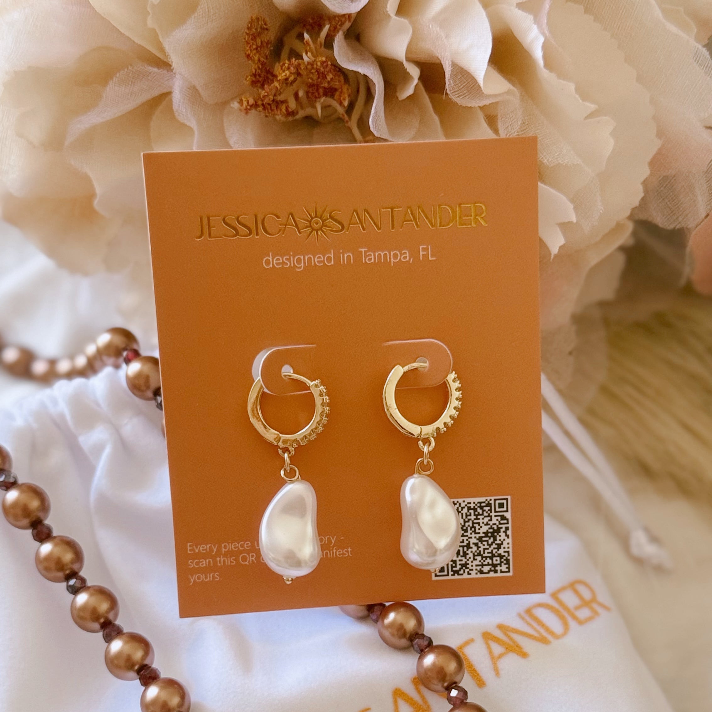 Jessica Santander pearl earrings on packaging