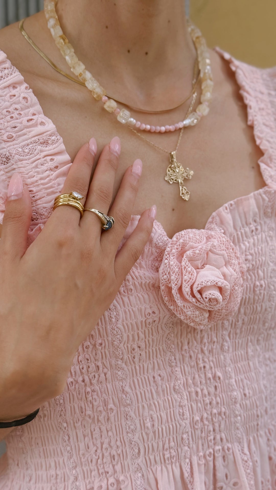 citrine gemstone choker summer necklace and delicate pink beads