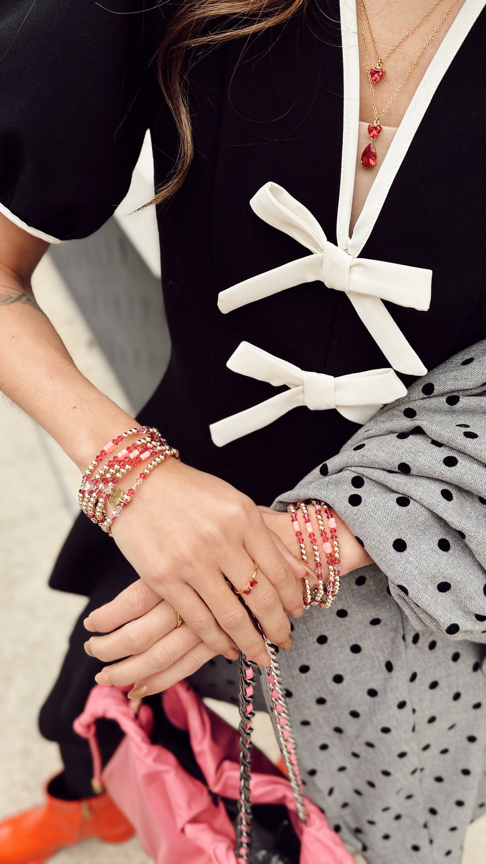 pink opal and gold heart bracelet stretchy for valentines