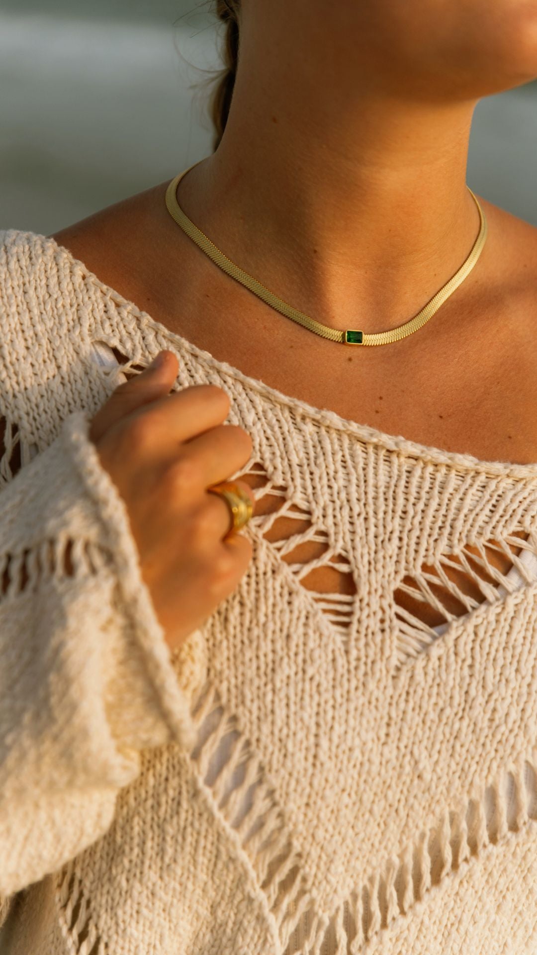 green flat necklace in non tarnish gold elevated styled jewelry