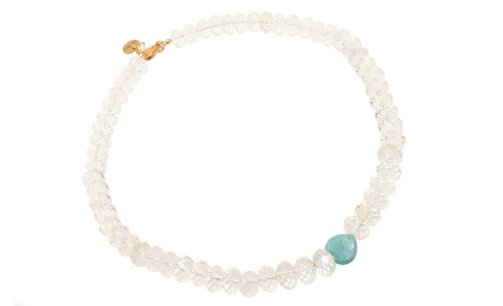 Necklace with white beads and a turquoise stone on a white background