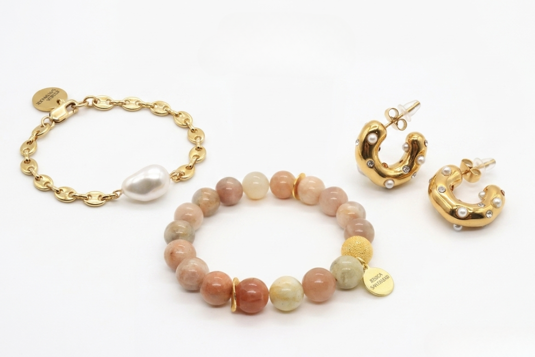 dainty earthy gemstone bracelet and gold pearl bracelet with gold mini hoops bundle 