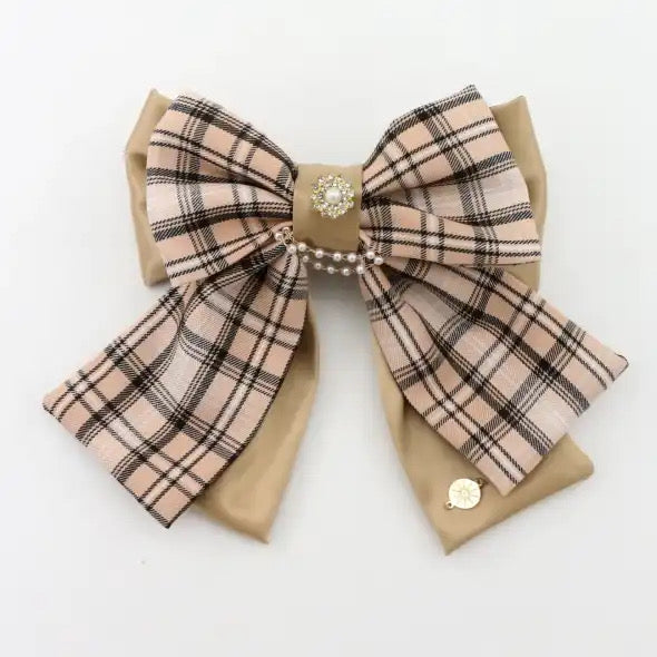 brown-plaid-hair-bow-with-pearls