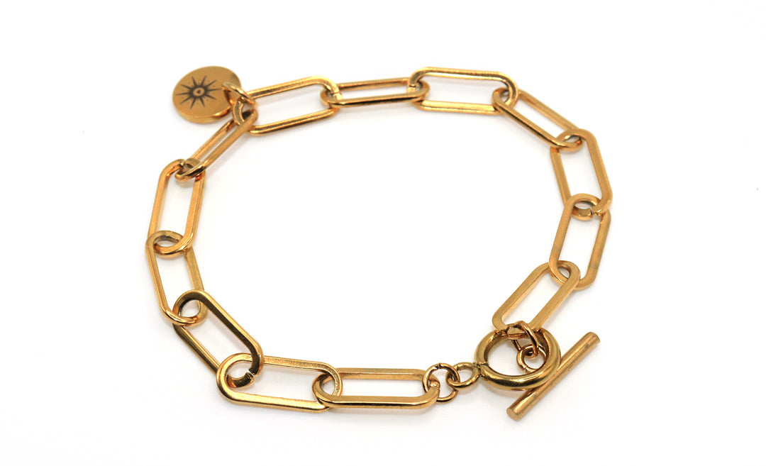 gold paperclip chain bracelet with charms