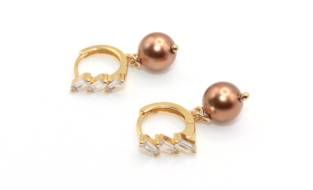 gold huggie and brown pearl earrings 