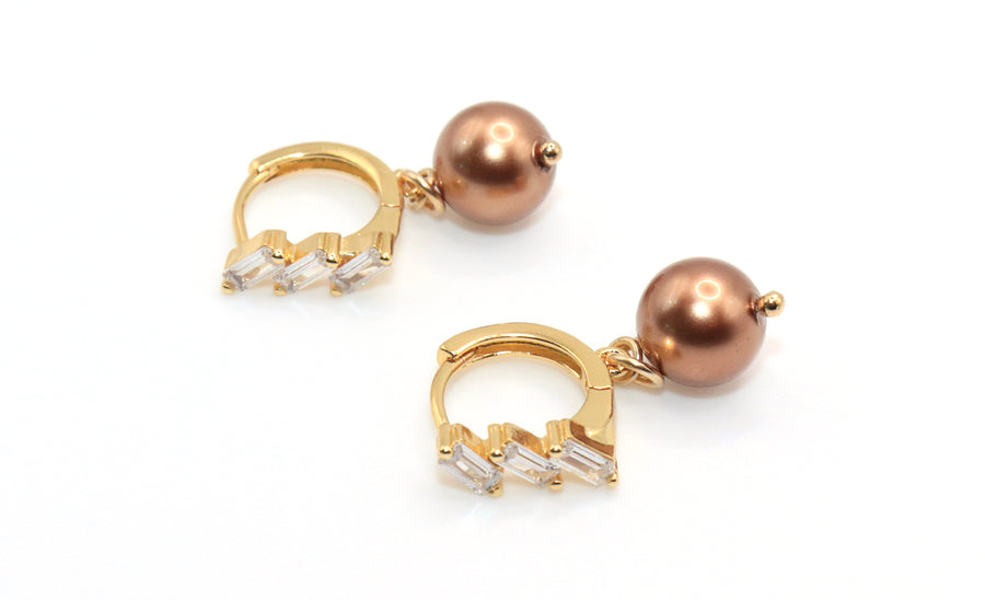 gold huggie and brown pearl earrings 