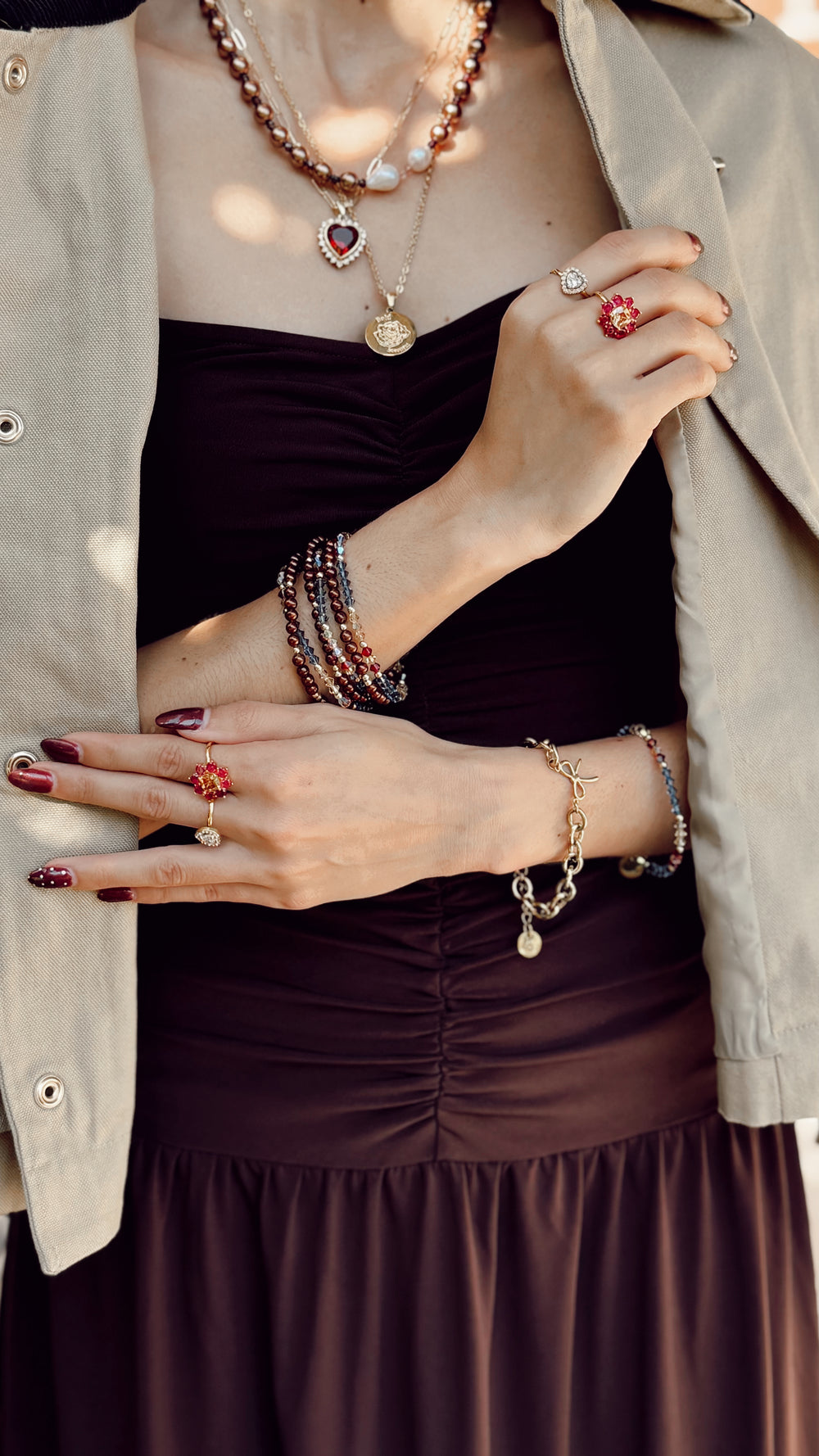 stacking denim blue dainty bracelet with brown pearls