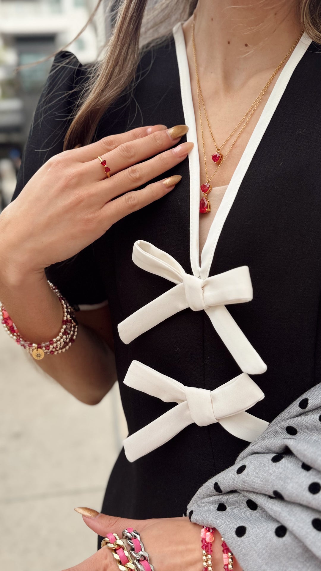 pink fuchsia heart necklace layering with pearls 