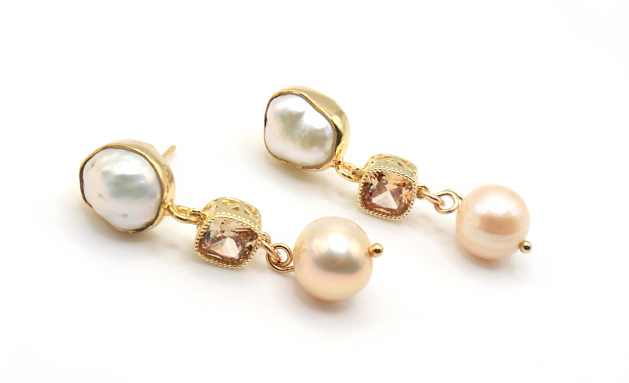 organic pearls drop earrings with peach pearls