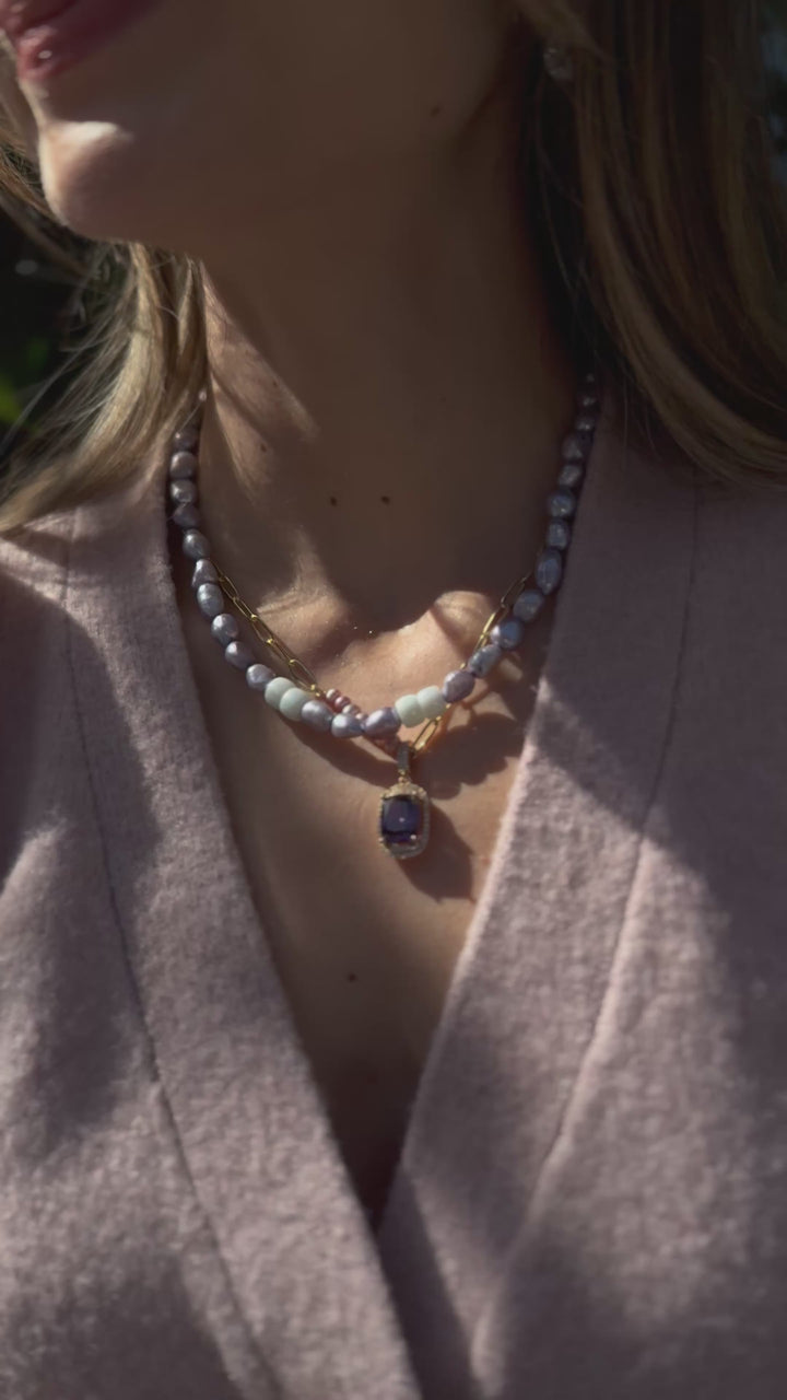 Purple rhinestone pendant with lavender pearls gold dainty necklace by Jessica Santander 