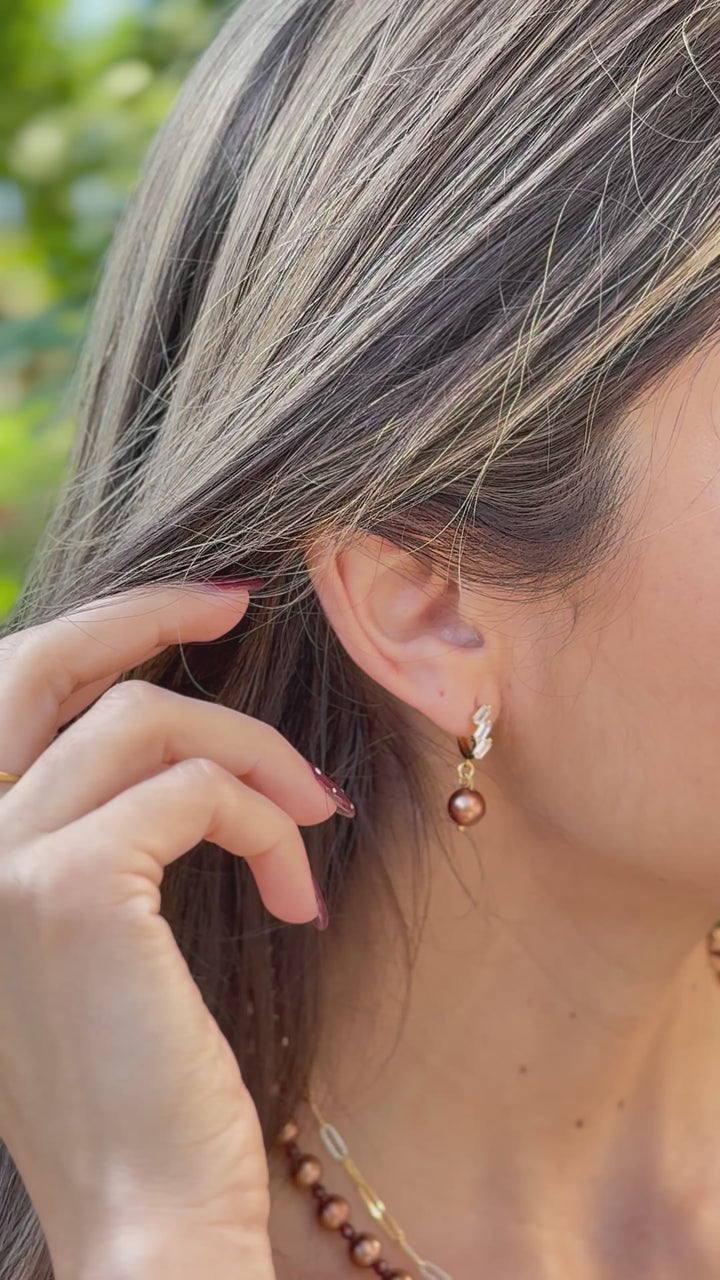Audrey Elegant Brown Pearl Gold Huggie Hoop Earrings