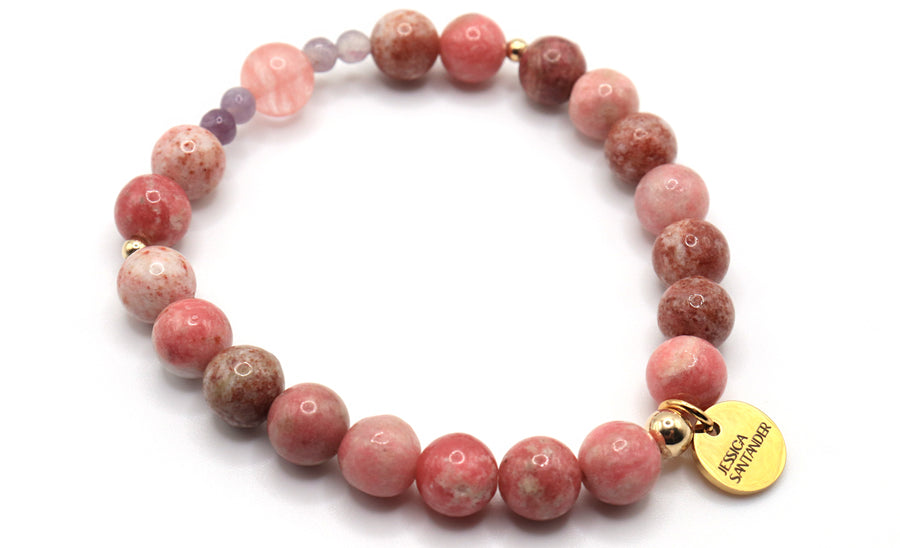 pink gemstone stretchy bracelet with gold filled spacer