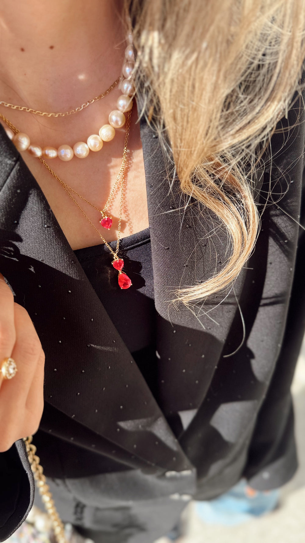 pink fuchsia heart necklace layering with pearls 