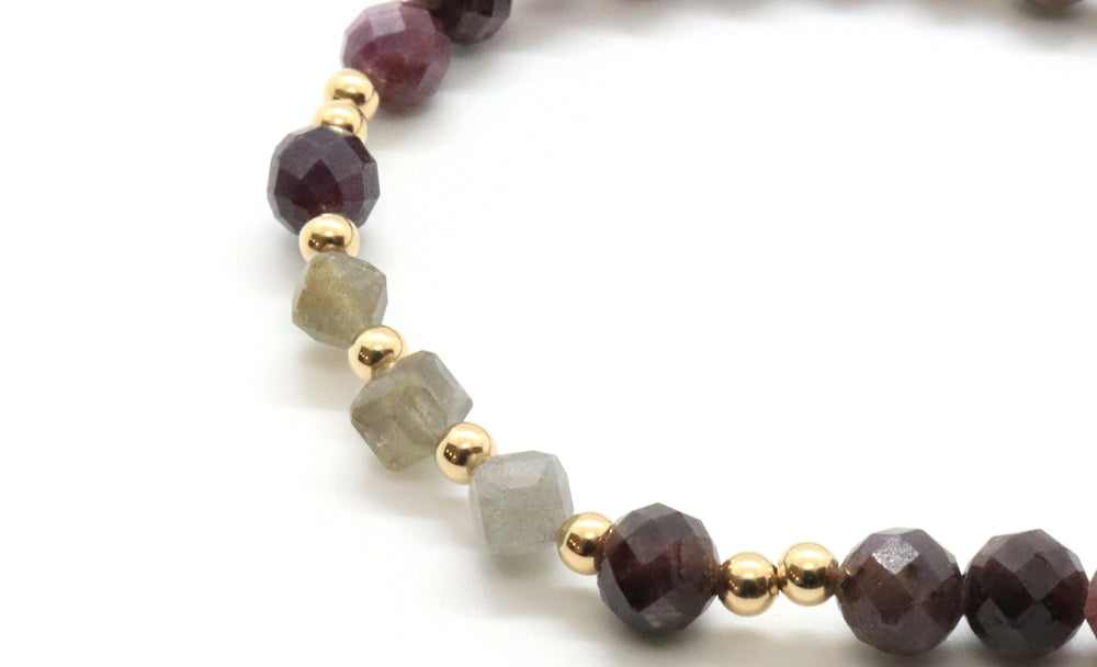 dainty ruby gemstone stretchy bracelet with goldfilled beads