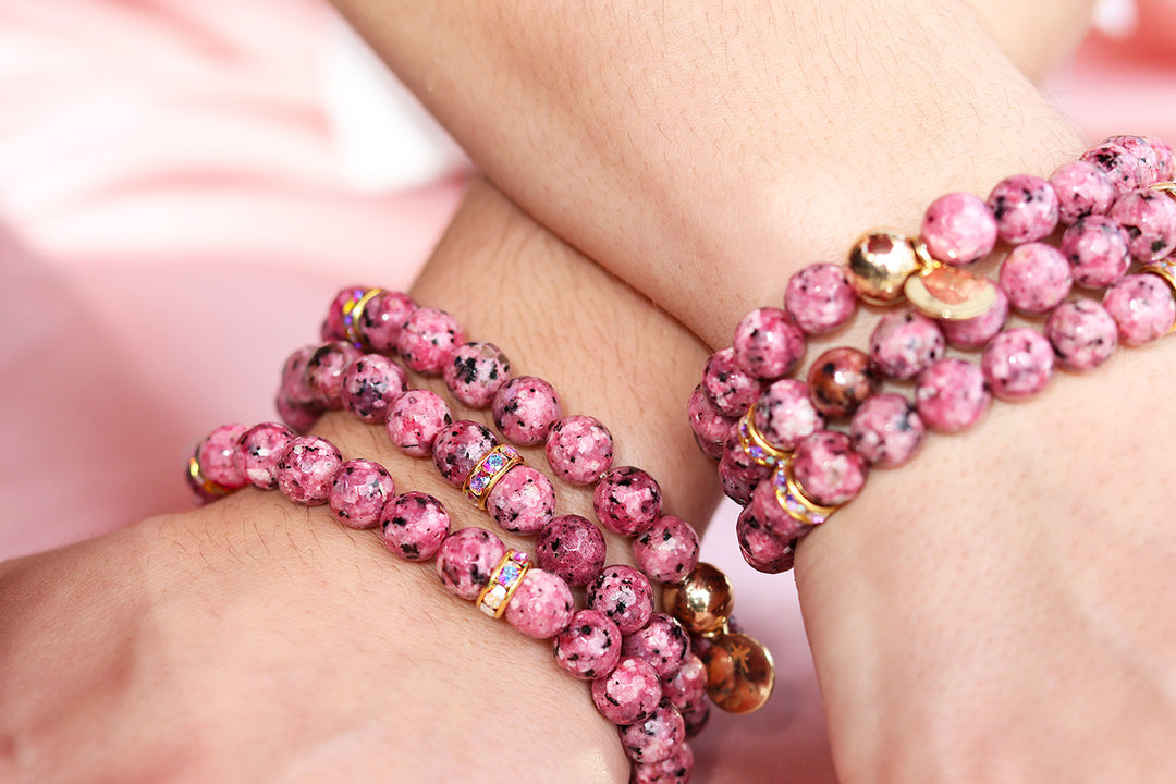 Pink Sesame Jasper and Swarovski Crystal bracelet handmade in Florida
