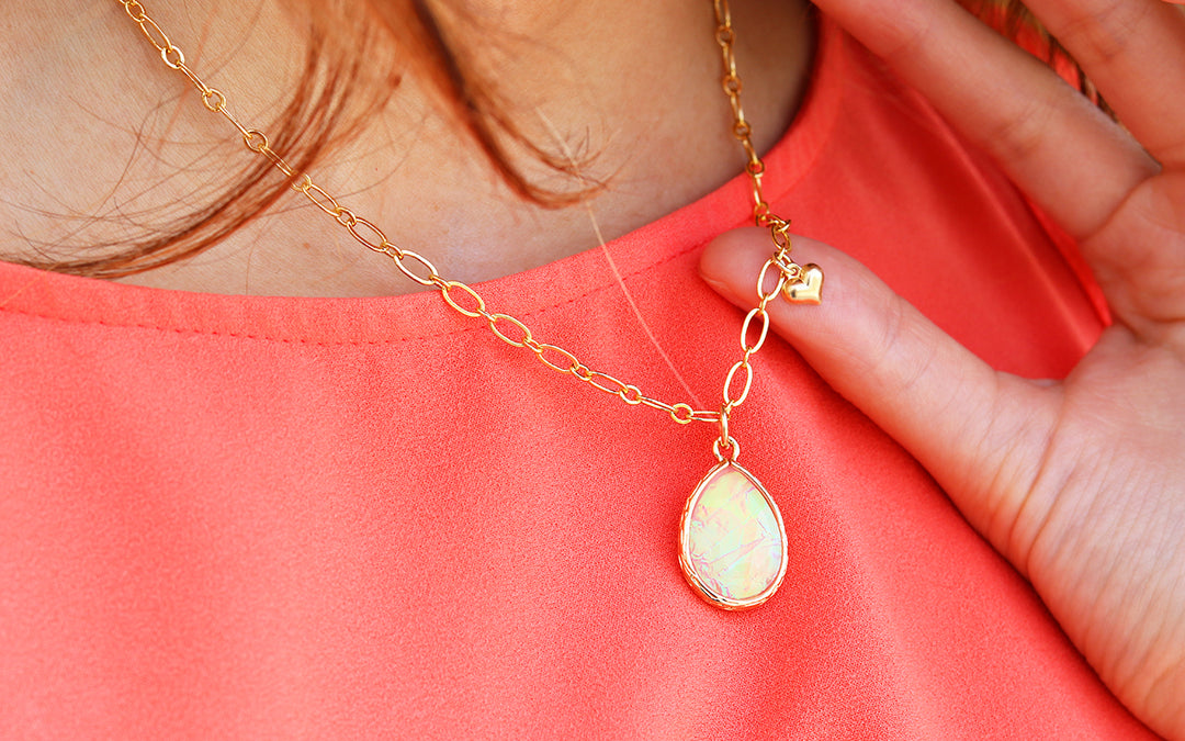 Light Pink Opal Glow Necklace gold finished handmade in Tampa, FL for mom