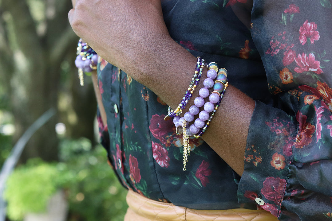 purple gemstone gold tassel chain bracelet