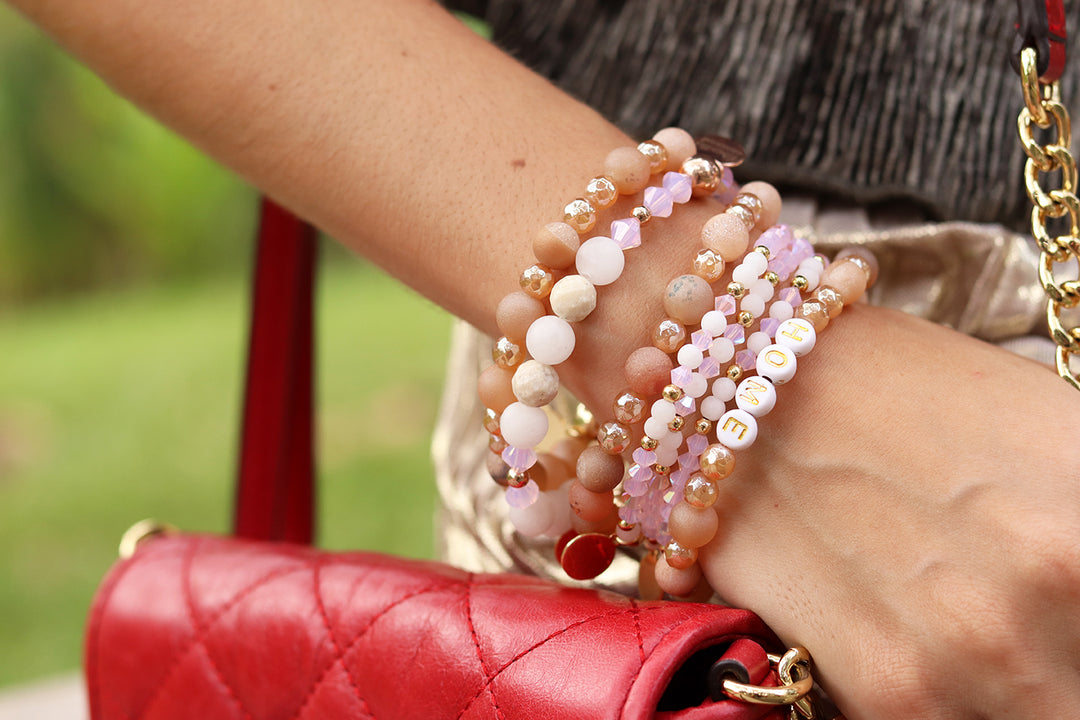 rose gold pink and white quartz beaded bracelet holiday stack 