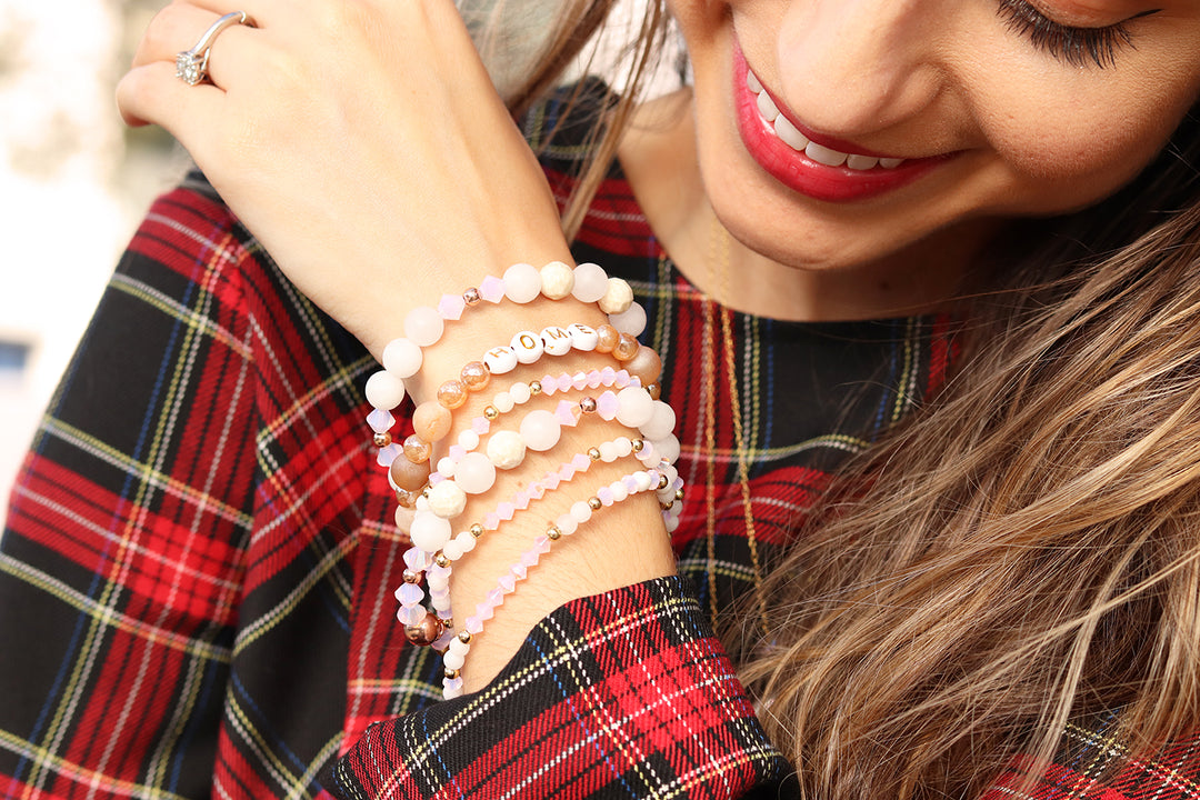 rose gold and snow quartz druzy bracelet stack