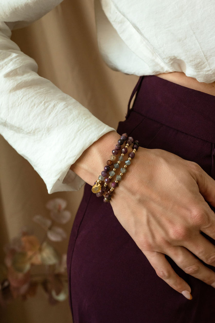 dainty ruby gemstone stretchy bracelet with goldfilled beads