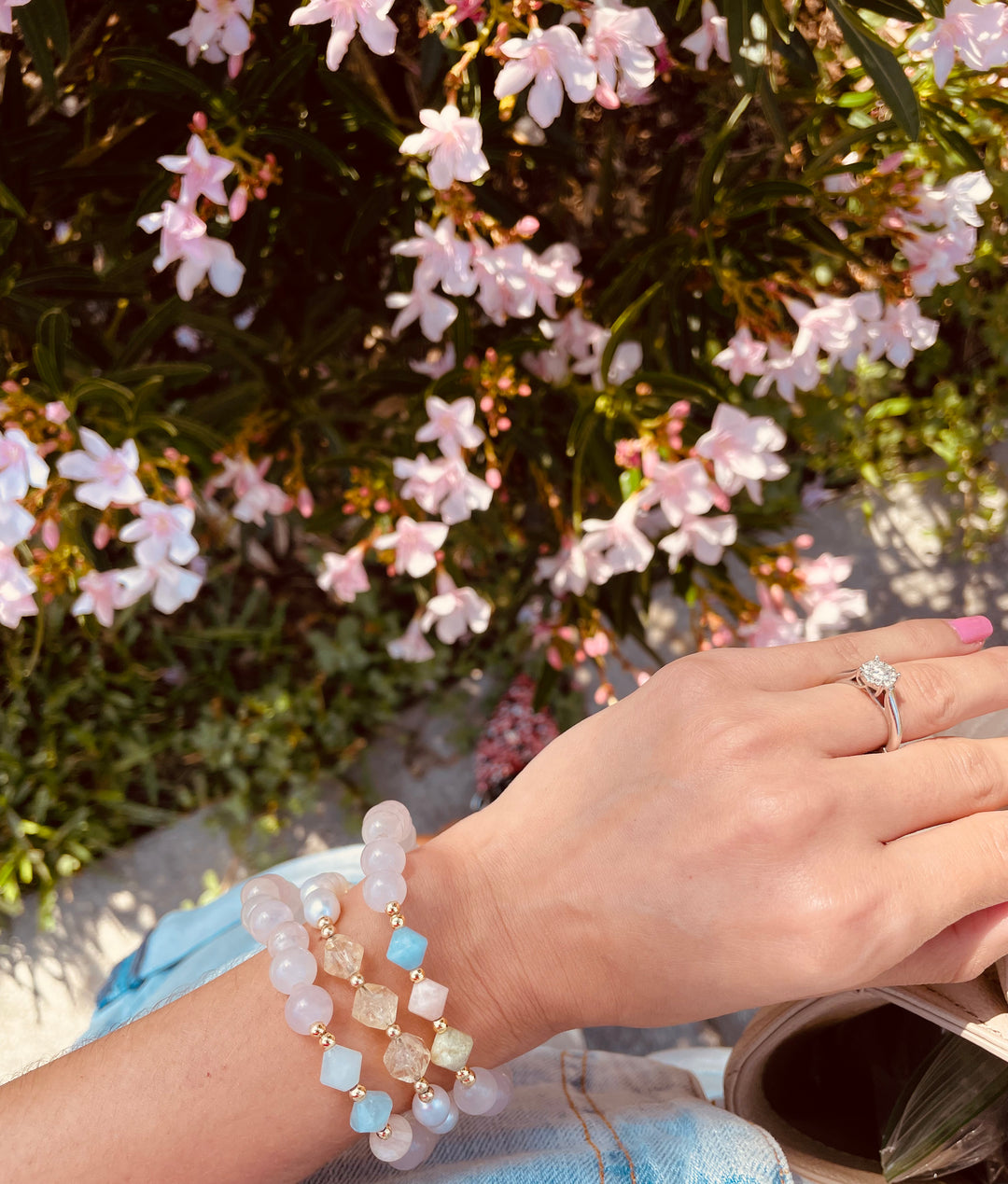 rose quartz gemstone bracelet stack