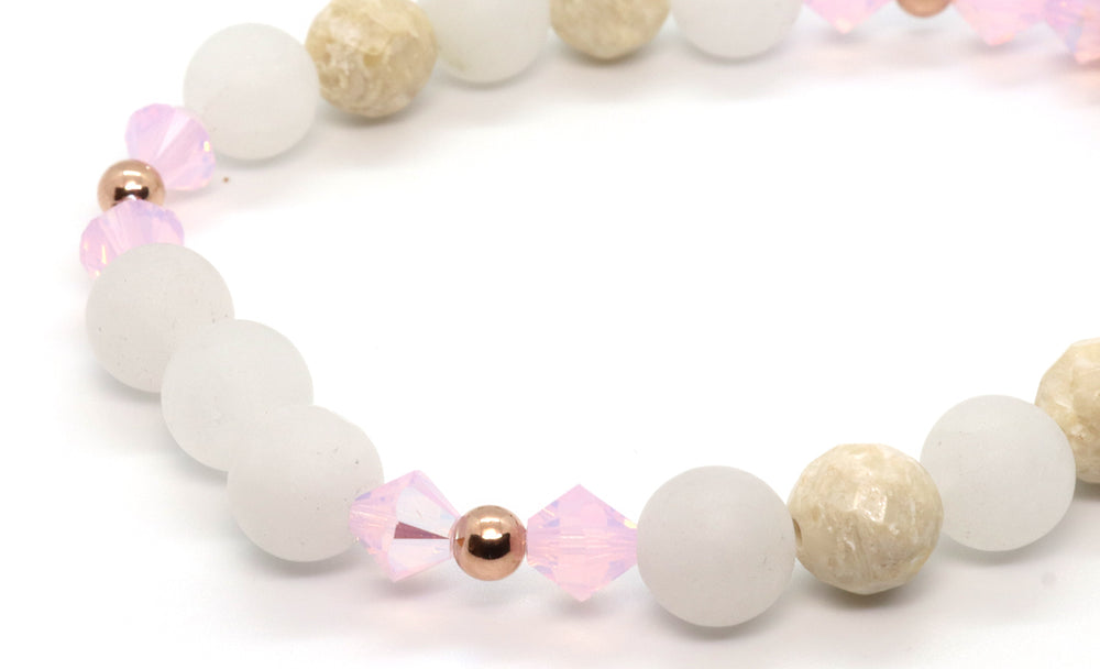 rose gold and snow quartz beaded bracelet for women handmade in Florida