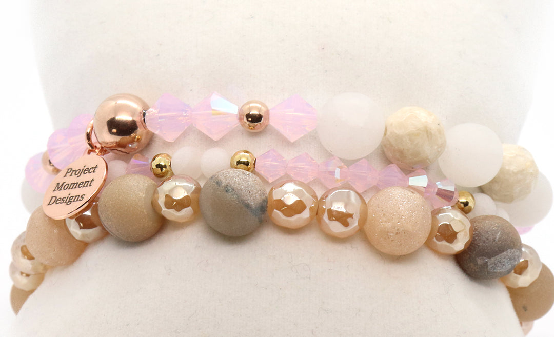 rose gold pink and white quartz beaded bracelet holiday stack 